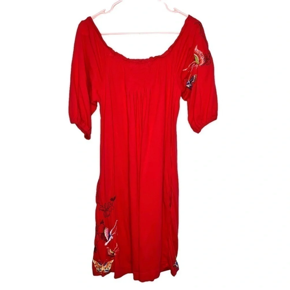 JW Los Angeles Johnny Was Red Multi Floral Butterfly Embroidered Dress Small
